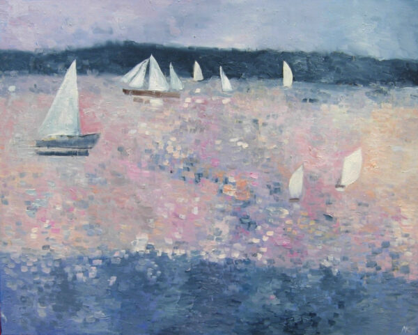Obraz impresjonistyczny Małgorzaty Kobus przedstawiający jachty na jeziorze.