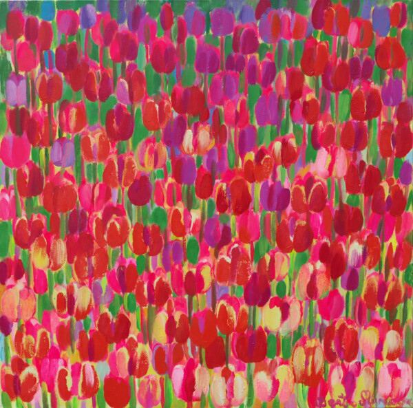 Obraz Beaty Murawskiej przedstawiający pole kolorowych kwiatów -tulipanów