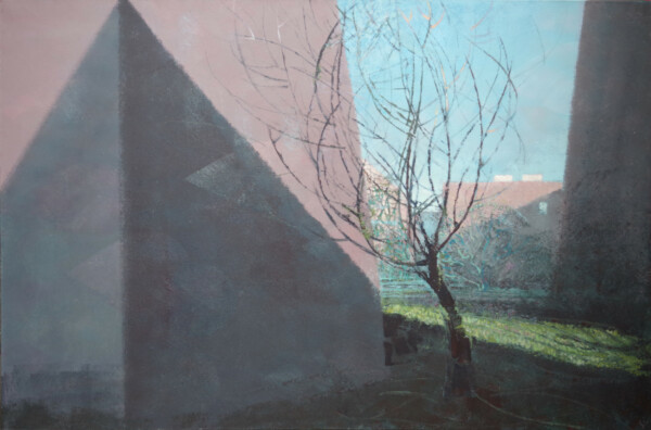 Obraz Igora Yelpatova przedstawiający ścianę domu pokrytą cieniem z martwym drzewem.