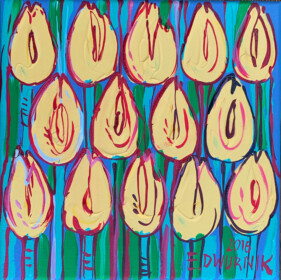 Obraz Edwarda Dwurnika przedstawiający grupę tulipanów.