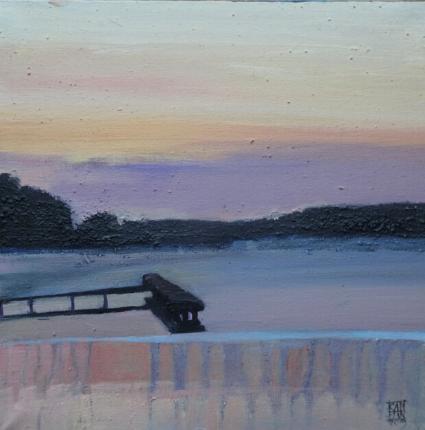 Obraz Małgorzaty Kapłan przedstawiający wieczorny widok na jezioro.