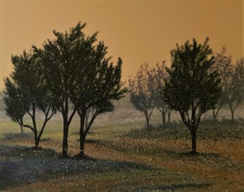 Pejzaż włoski autorstwa malarza Jacka Malinowskiego przedstawiający wieczorny widok z drzewami