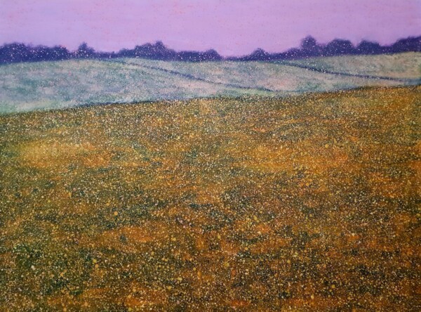Pejzaż wieczorny z polami namalowany przez Jacka Malinowskiego.