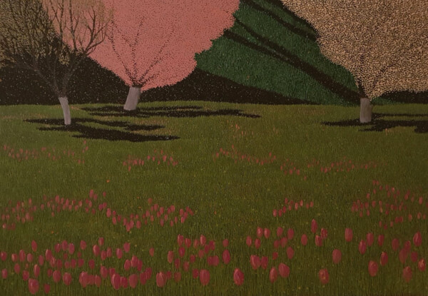 Obraz Jacka Malinowskiego przedstawiający łąkę z tulipanami.