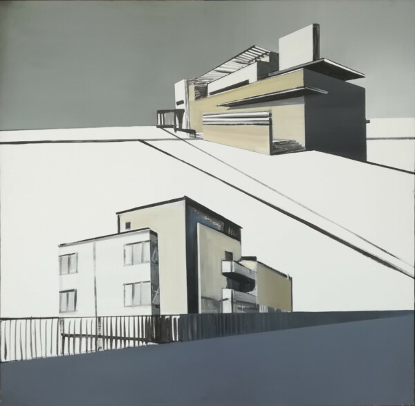 Obraz na płótnie przedstawiający dwa modernistyczne budynki, wille. Autorką obrazu jest Maria Kiesner