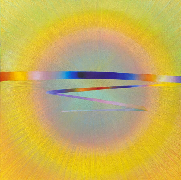 Żółty obraz abstrakcyjny z kołem i promienistymi liniami. Malarstwo Anny Trochim