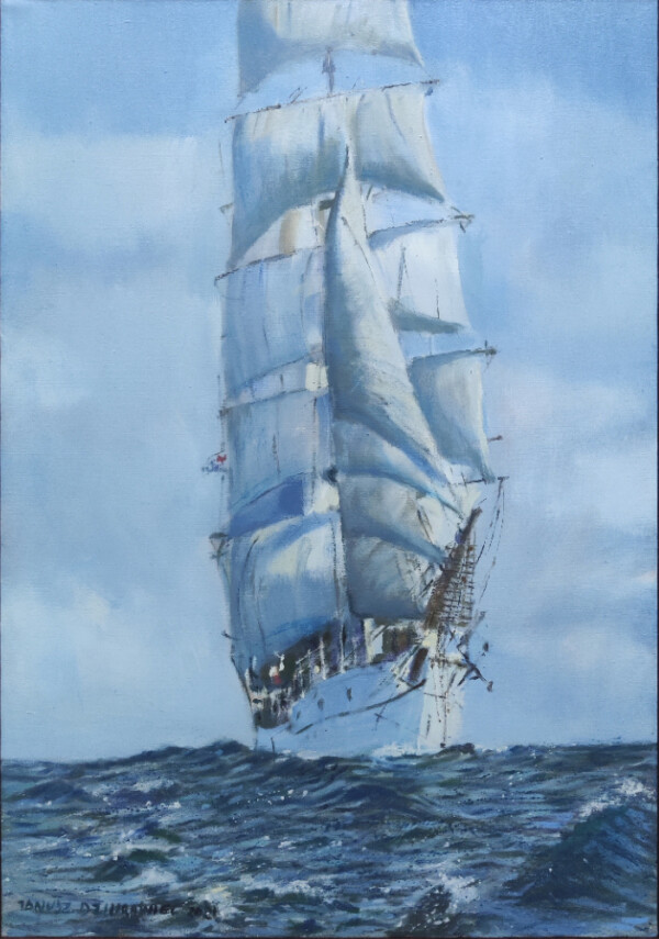Żaglowiec na morzu, obraz olejny autorstwa Janusza Dziurawca.