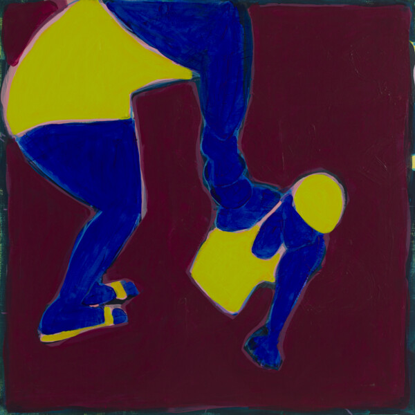 Obraz Iwony Kobryń namalowany na płótnie farbami akrylowymi. Matka z dzieckiem, na bordowym tle.