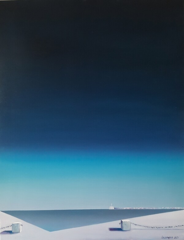 Obraz Katarzyny Środowskiej przedstawiający wieczorne niebo nad morzem,.
