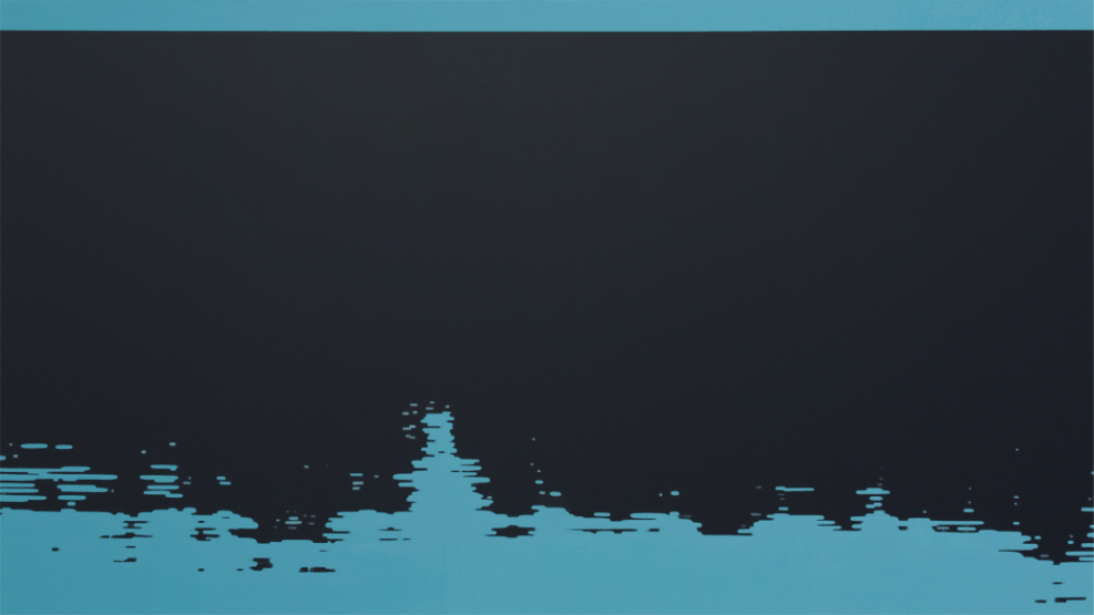 Minimalistyczny pejzaż Roberta Motelskiego przedstawiający cień odbity w wodzie.