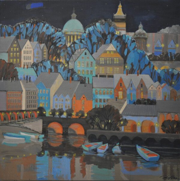 Julia Myga namalowała obraz przedstawiający bajkowe miasteczko w świetle księżyca. Obraz na płótnie malowany farbami akrylowymi