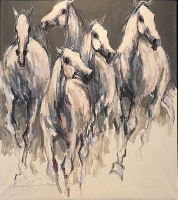 Obraz przedstawiający konie w galopie. Namalowany przez artystę Krzysztofa Jarockiego.