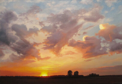 Malarski obraz zachodzącego słońca pędzla Macieja Szynala