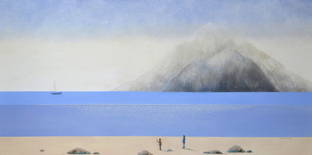 Obraz marynistyczny z widokiem morza z plaży namalowany przez Martę Bilecką.