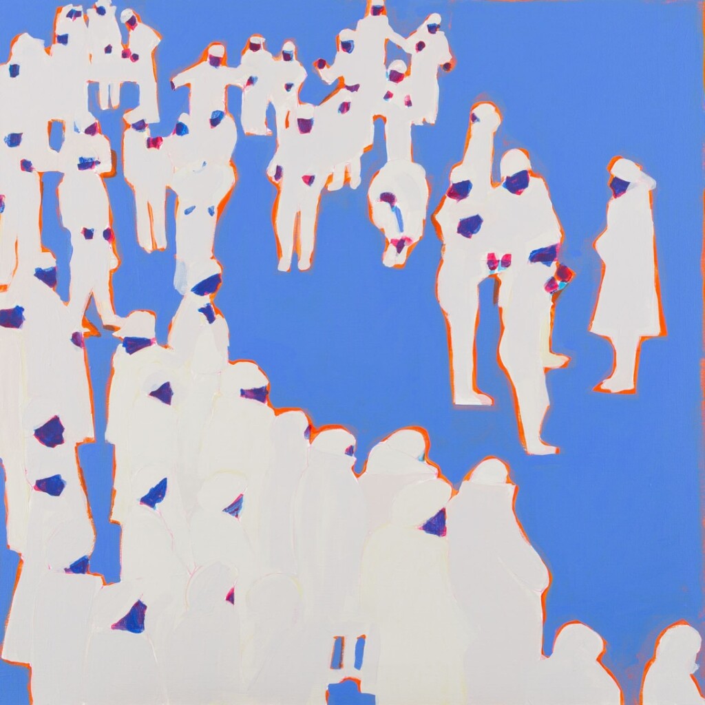 Obraz Iwony Kobryń przedstawiający grupę ludzi na błękitnym tle