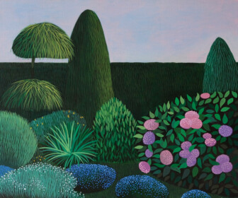 Piękny obraz przedstawiajacy silnie zielony ogród z bogatą roślinnością. Autor Olga Szczechowska.