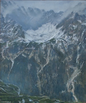 Obraz przedstawiający widok na tatrzańskie szczyty autorstwa Janusza Dziurawca.
