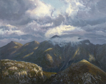 Obraz olejny przedstawiajacy widok górski autorstwa Bartka Leszczyny.