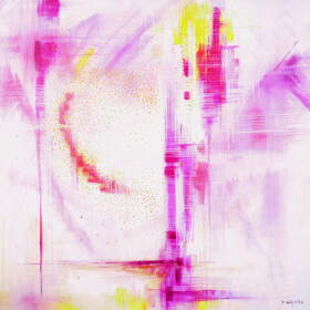 Obraz abstrakcyjny z różowym kolorem dominującym i żółtymi akcentami. Autorka Agnieszka Wójcicka