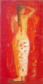Obraz olejny przedstwiający półnagą kobietę stojącą na tle czerwonej draperii.