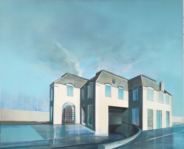 Obraz w błękitach autorstwa Marii Kiesner przedstawiający architekturę