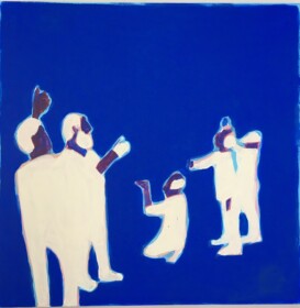 Błękitny obraz z postaciami autorstwa Iwony Kobryń