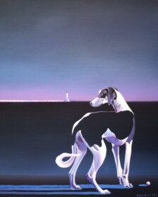 Obraz przedstawiający psa stojącego na brzegu morza. Autorką obrazu jest Kasia Środowska