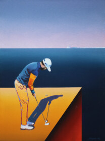 Obraz morski przedstawiający mężczyzne grającego w golfa. Obraz Kasi Środowskiej