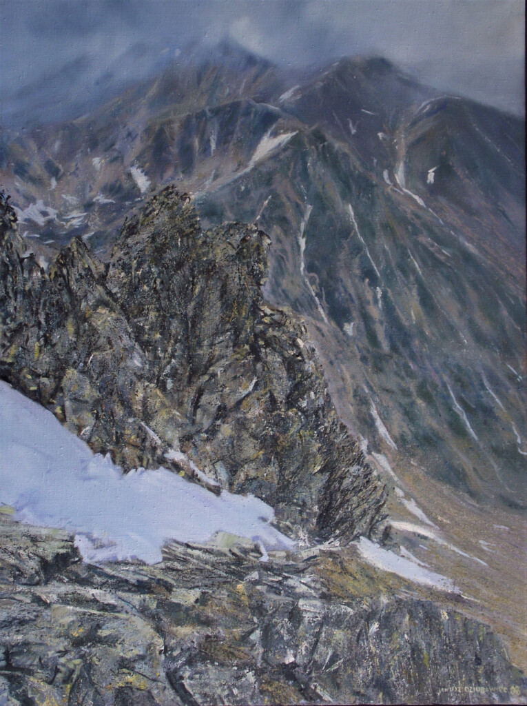 Obraz na płótnie przedstawiający górski krajobraz z ośnieżonymi szczytami gór, ukazujący majestat natury