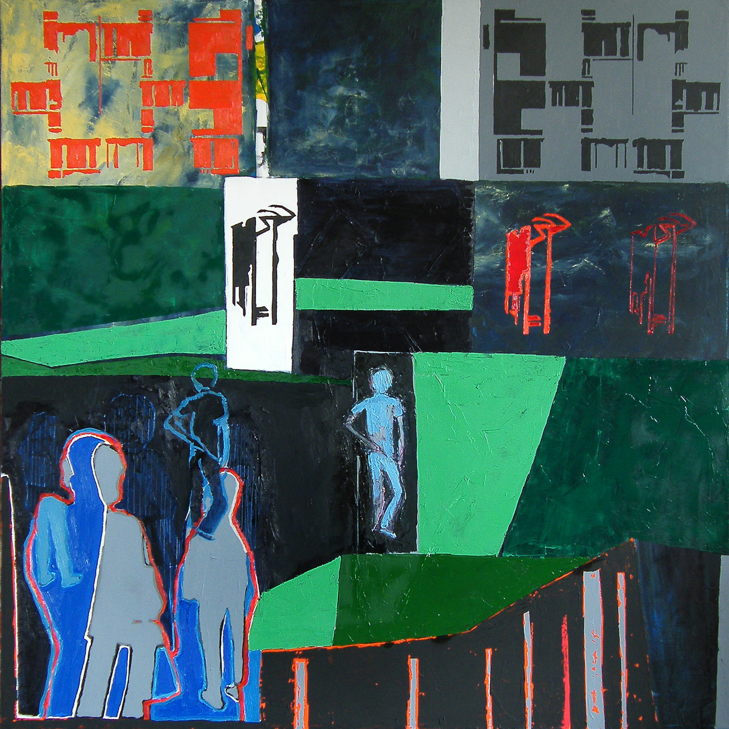 Geometryczna kompozycja Krzysztofa Musiała z sylwetkami ludzi i kontrastem zieleni oraz czerni – współczesne malarstwo