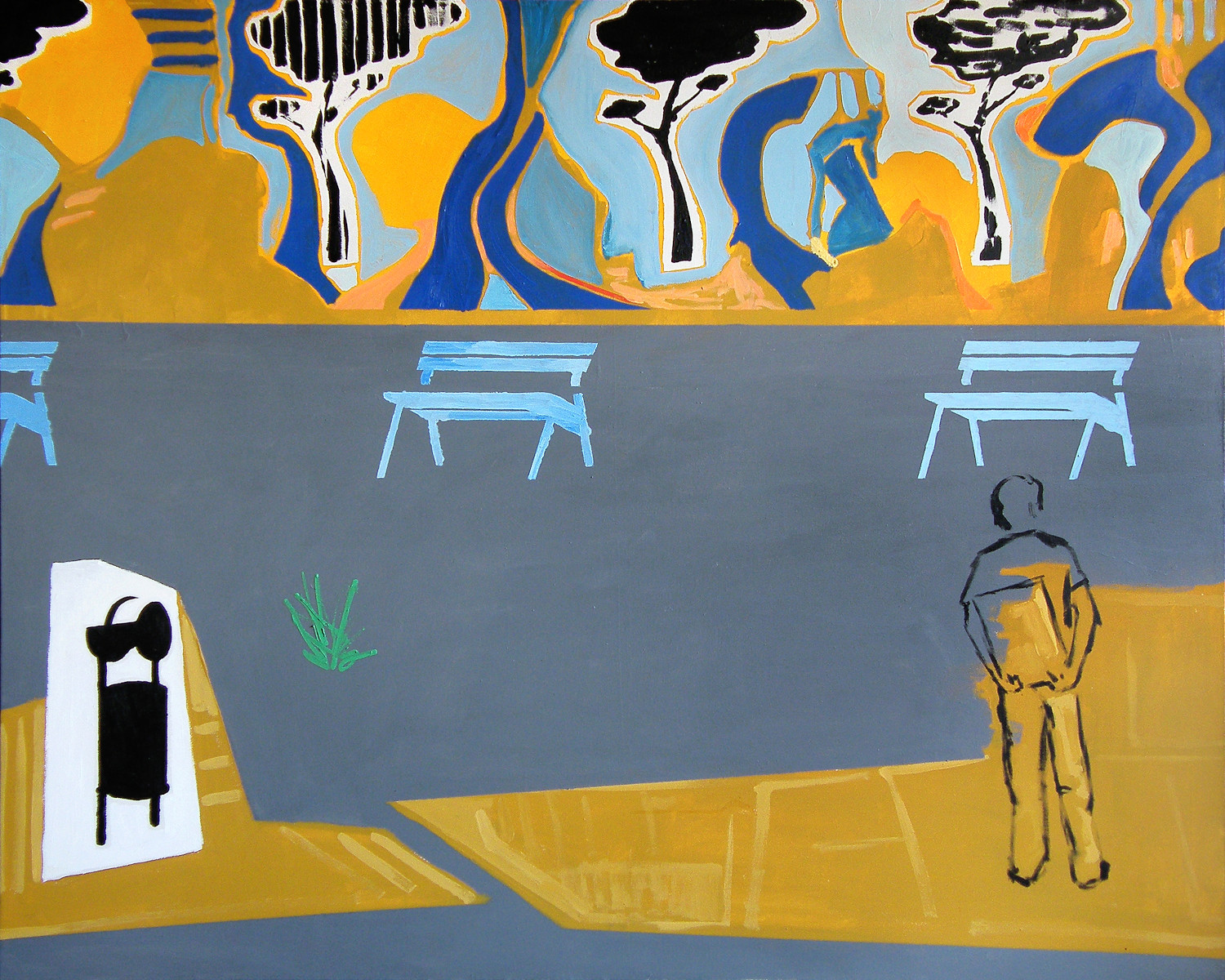 Scena w parku z samotną postacią i ławkami na tle drzew – współczesne malarstwo figuratywne Krzysztofa Musiała