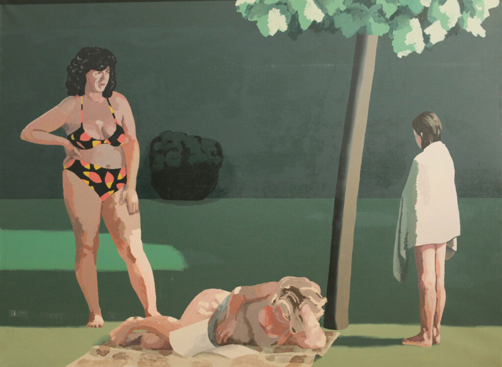 Obraz przedstawiający ludzi w kostiumach kąpielowych odpoczywających na polanie nad brzegiem jeziora.