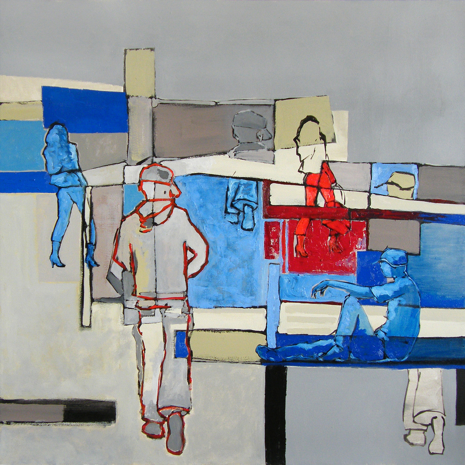 Scena miejska z sylwetkami ludzi w ruchu, geometryczne podziały i kontrasty barw – malarstwo Krzysztofa Musiała