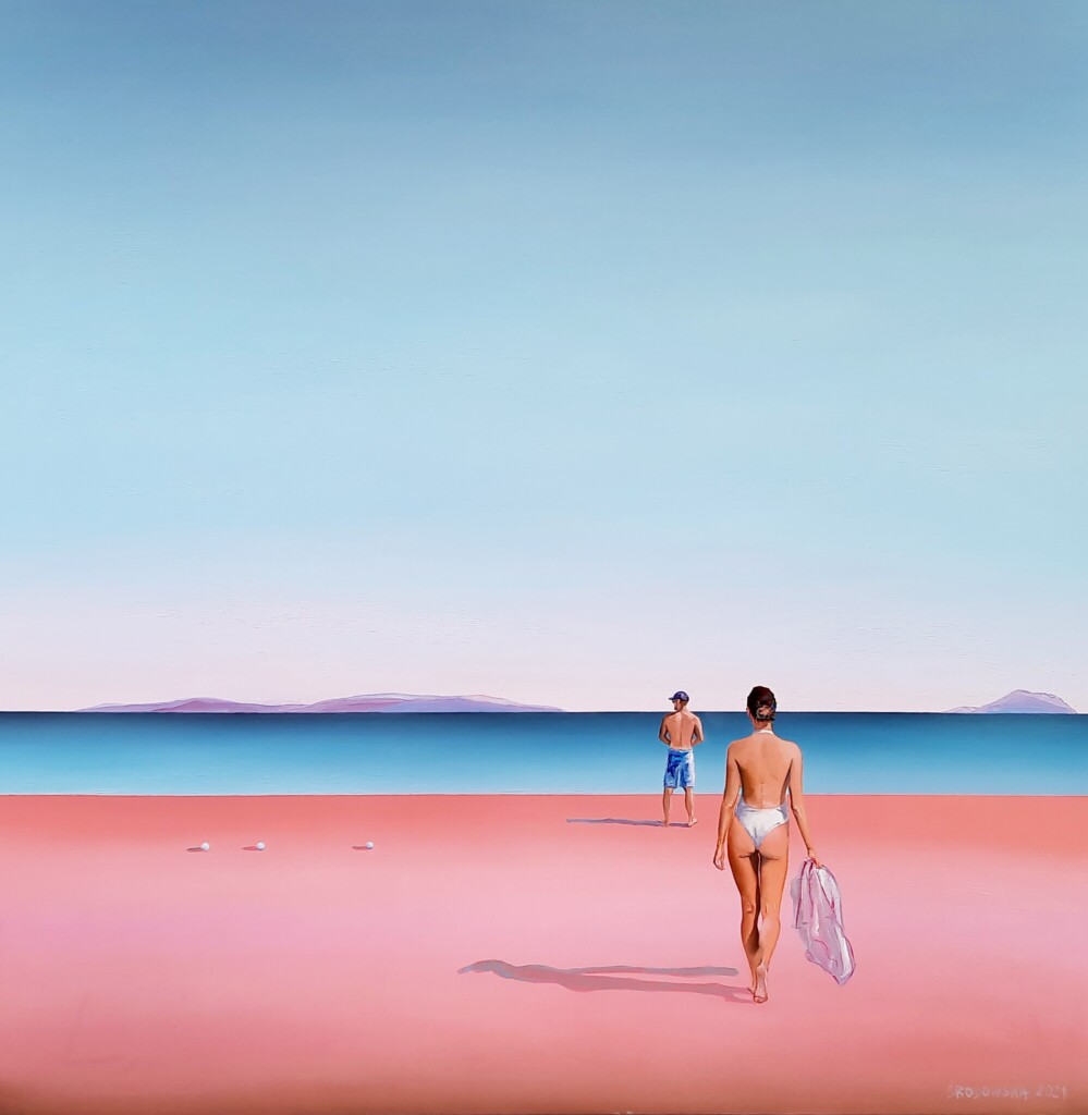 Obraz olejny Katarzyny Środowskiej przedstawiający kobietę i mężczyznę na tle spokojnego morza.