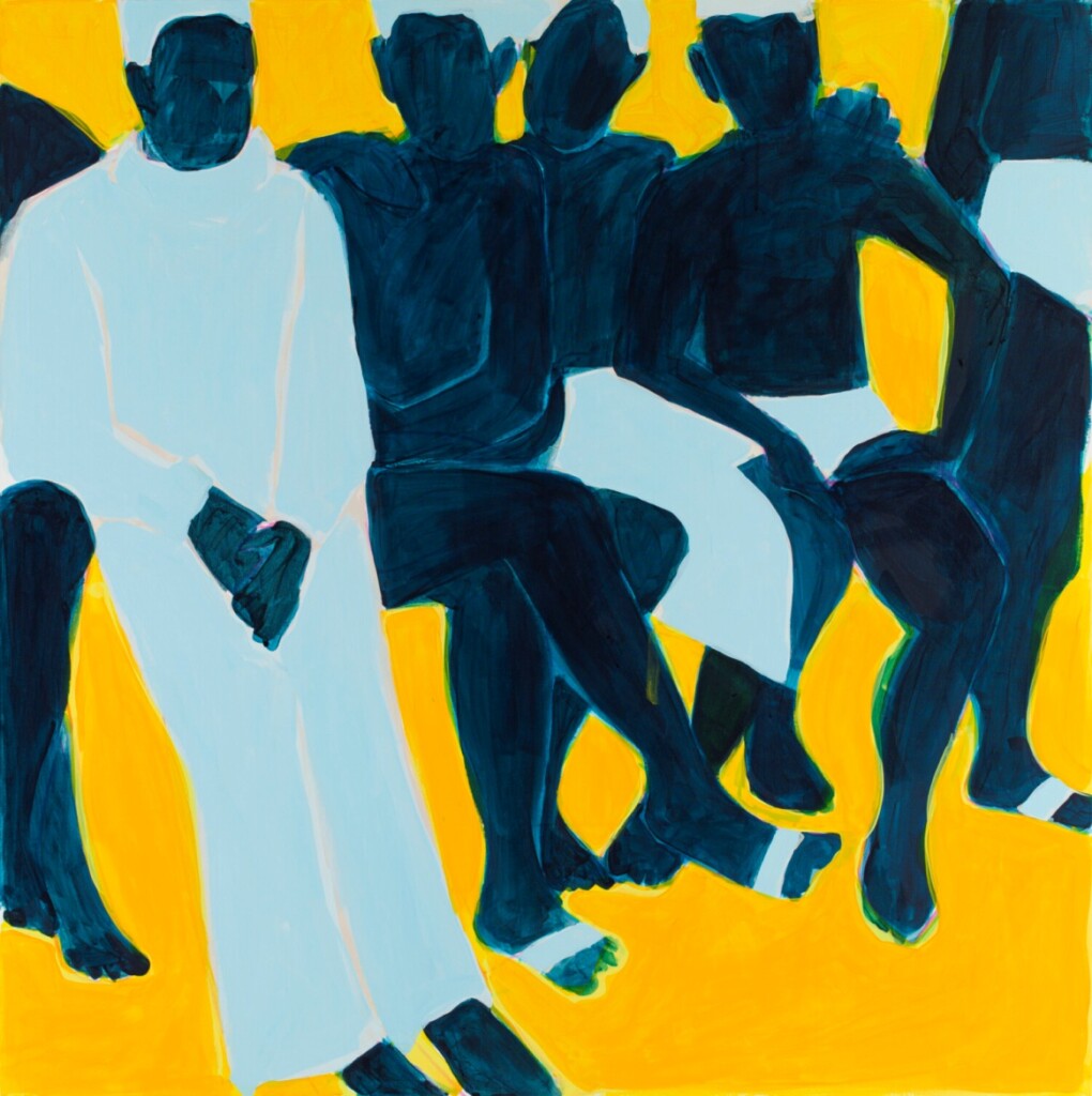Obraz olejny z postaciami na żółtym tle autorstwa Iwony Kobryń.