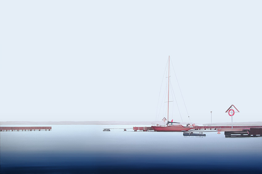 Obraz marynistyczny autorstwa Tomasza Kołodziejczyka przedstawiający jacht w marinie