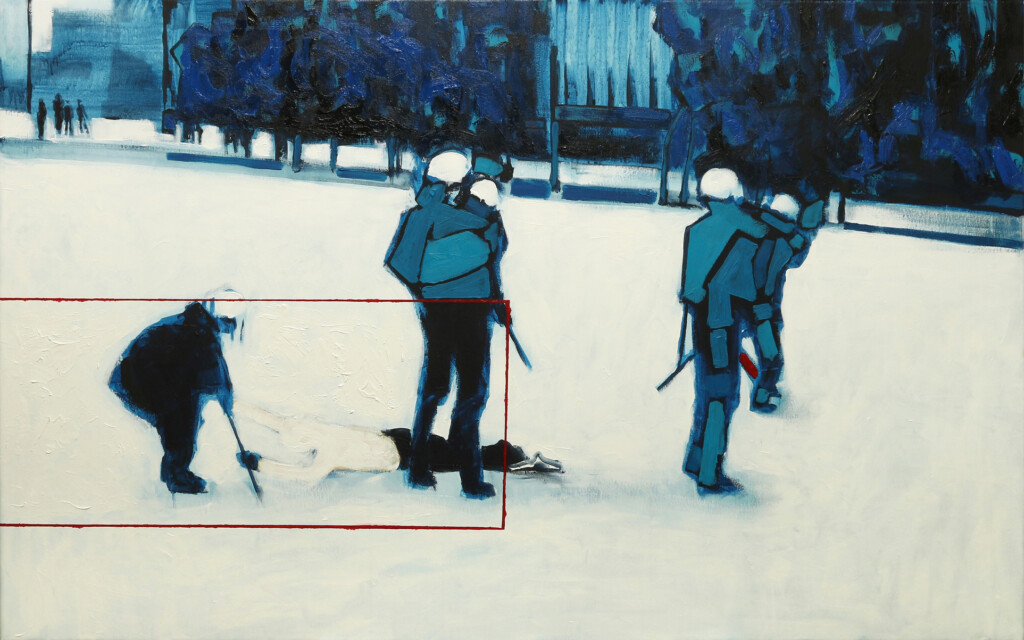 Obraz przedstawiający interwencję policji na tle pejzażu miejskiego