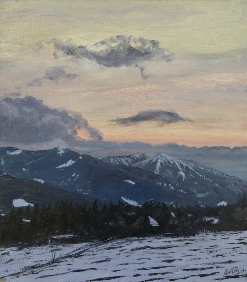 Pejzaż przedstawiający Tatry autorstwa współczesnego malarza Bartka Leszczyny