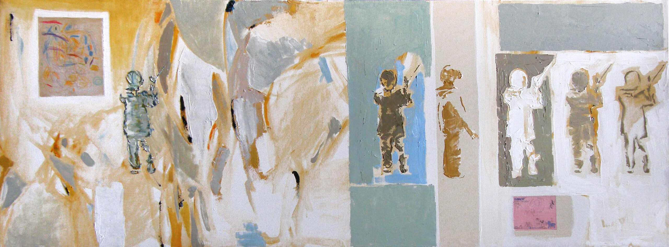 Narracyjna kompozycja z postaciami i szkicowymi scenami, fragmentaryczna forma i delikatna kolorystyka – obraz Krzysztofa Musiała