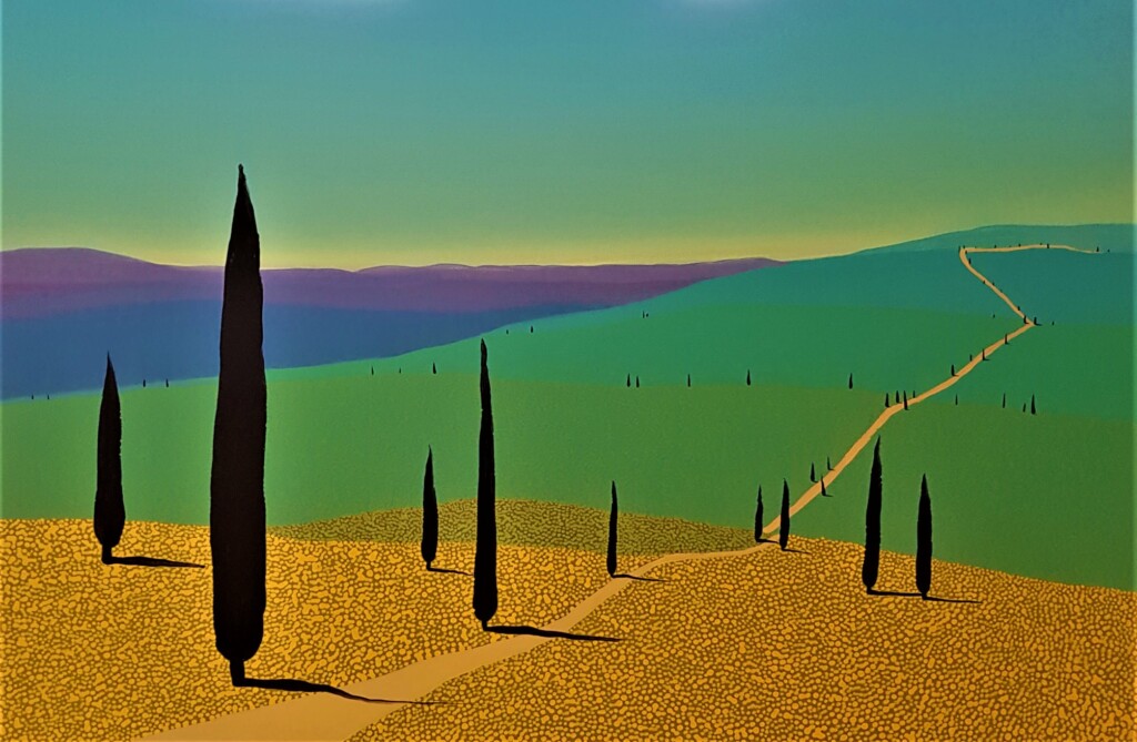 Obraz przedstawiający rozległy toskański pejzaż z cyprysami utrzymany w nowoczesnej, oszczędnej stylistyce