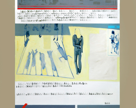 Nowoczesny obraz przedstawiający postacie ludzi w abstrakcyjnym schematycznym otoczeniu.