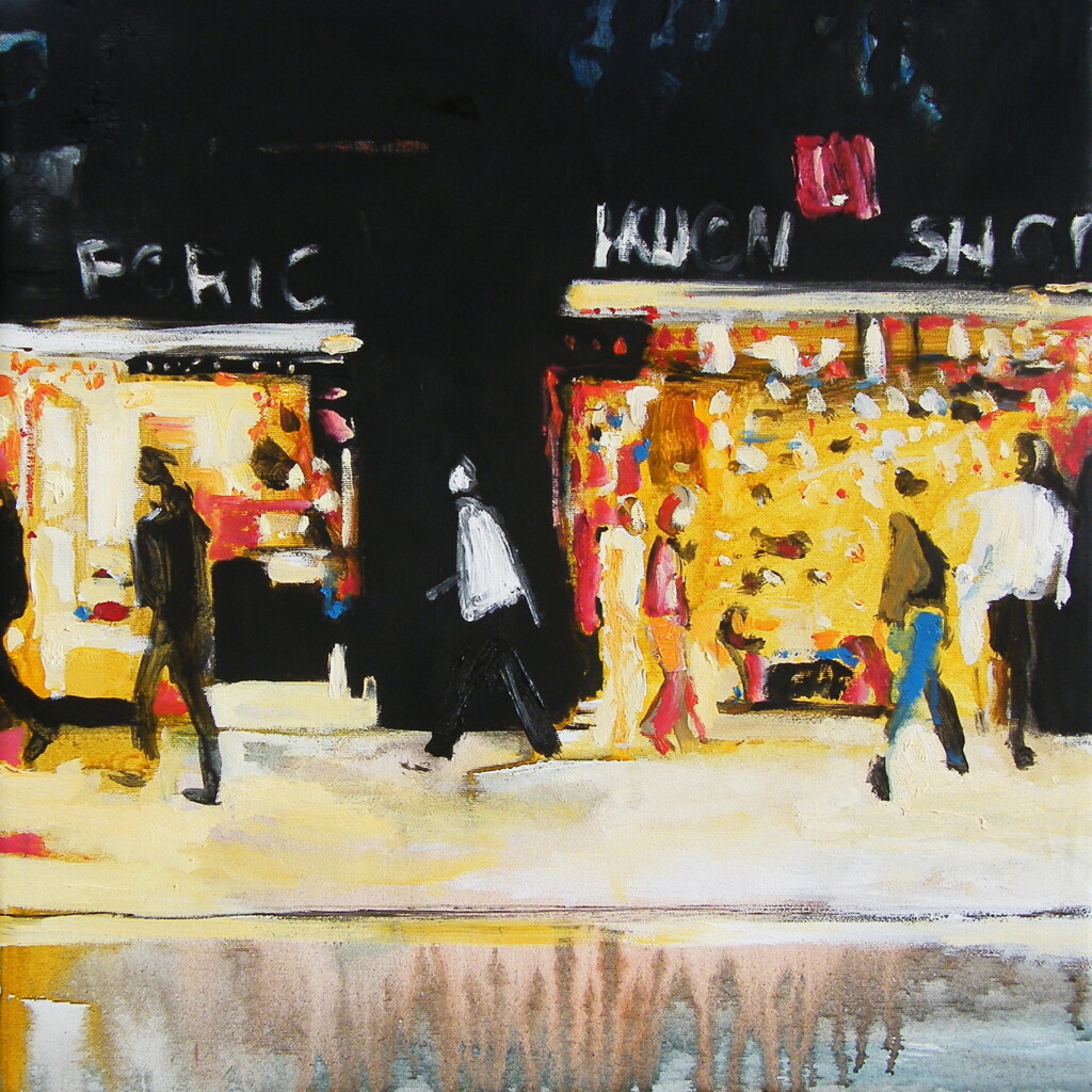 Pejzaż miejski na płótnie autorstwa Krzysztofa Musiała przedstawiający nocny widok na rozświetlone witryny sklepów.