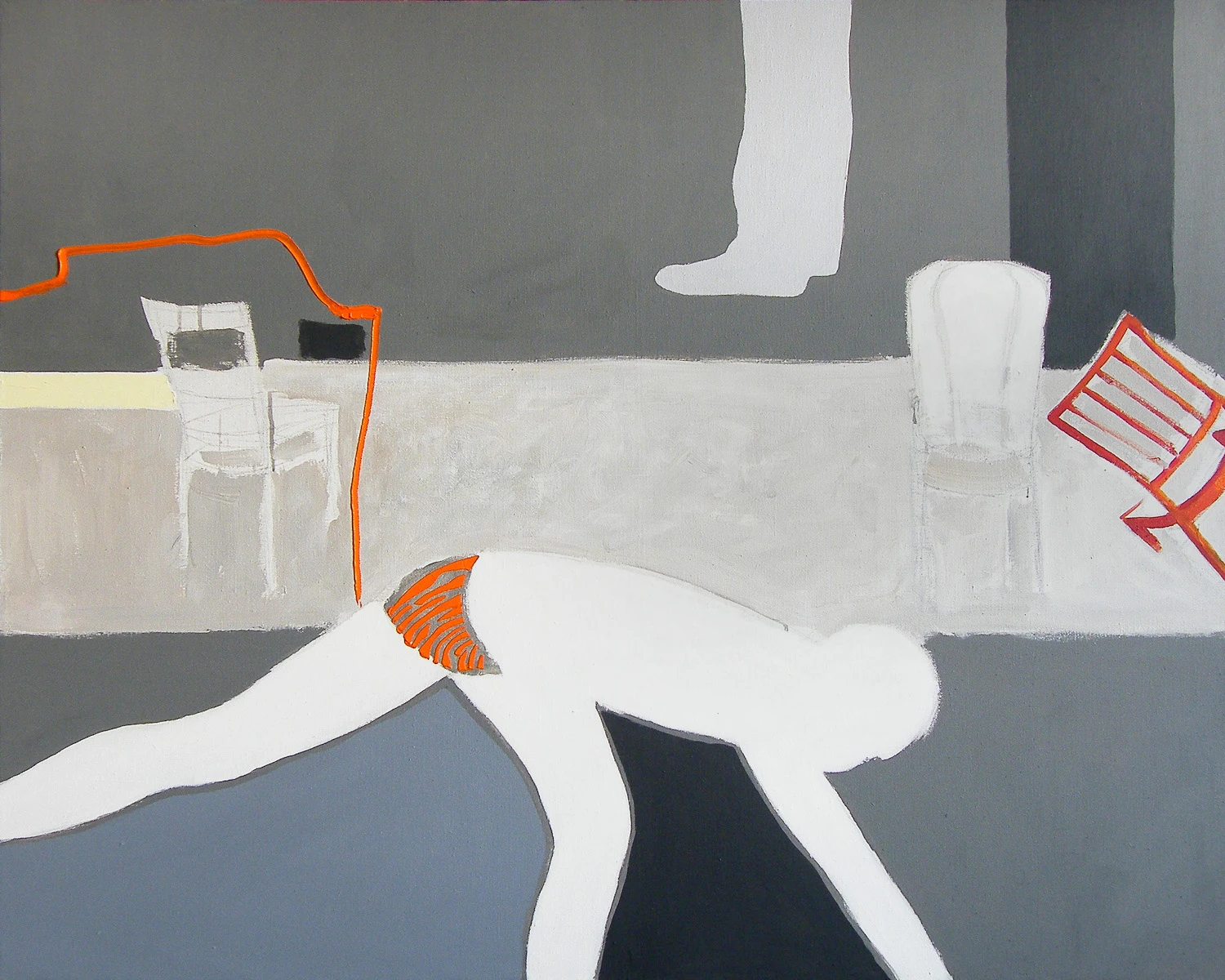 Postać w ruchu na tle wnętrza z krzesłami – współczesny obraz figuratywny Krzysztofa Musiała z akcentami czerwieni
