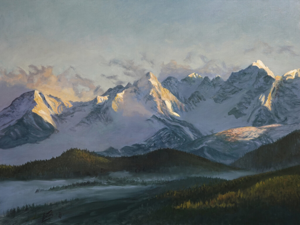 Obraz prezentujący widok na tatrzańskie szczyty o zachodzie słońca