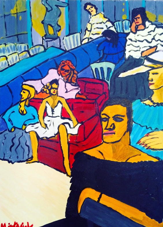 Ekspresyjny, kolorowy obraz na płótnie z postaciami ludzi autorstwa Michała Żytniaka