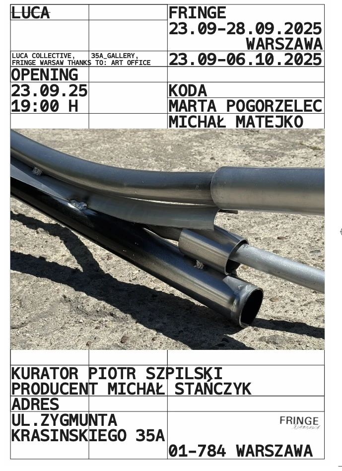 Plakat wystawy obiektów z metalu i plexi stworzonych przez kolektyw LUCA