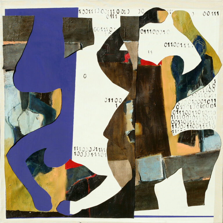 Abstrakcyjna kompozycja z fragmentami postaci i znakami przypominającymi kod – malarstwo współczesne Krzysztofa Musiała