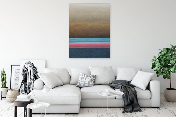 Kolorowy obraz abstrakcyjny w brązach, błękitach i różach z horyzontalnymi pasmowymi podziałami kompozycji