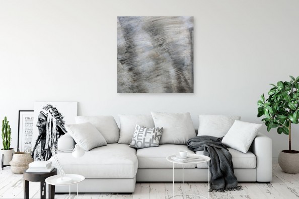 Nowoczesny, szary obraz abstrakcyjny z małymi kontrastami koloru wiszący nad kanapą