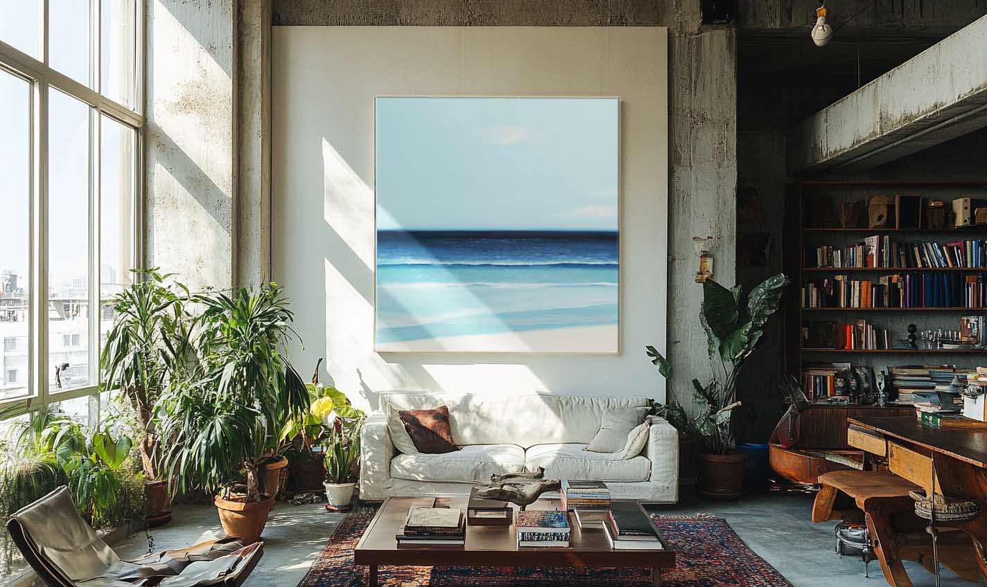 Obraz olejny przedstawiający widok morza z plaży wiszący w obszernym, eleganckim salonie